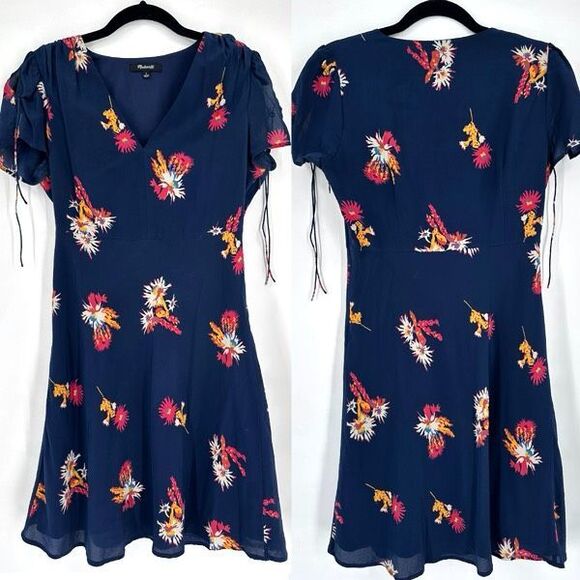 Madewell Silk Poppy A-Line Cactus Flower Floral Dress Navy Blue Size 4 Feminine - Picture 2 of 13